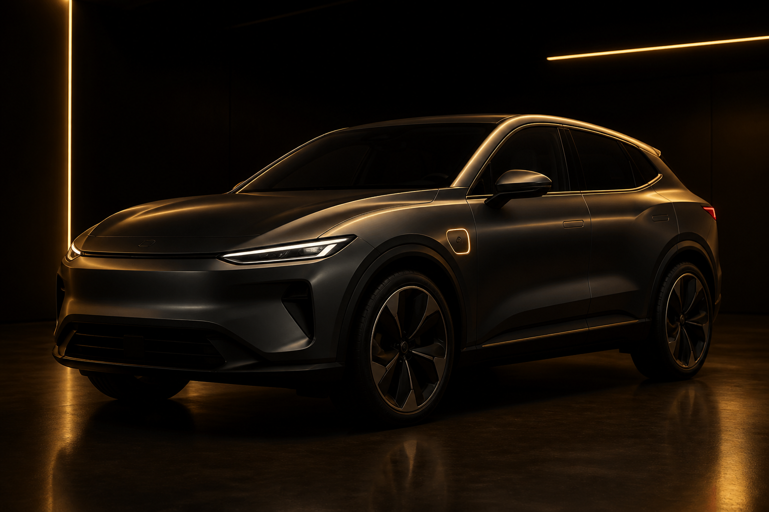 Electric vehicle in the studio anchoring the Tesla / EV package section