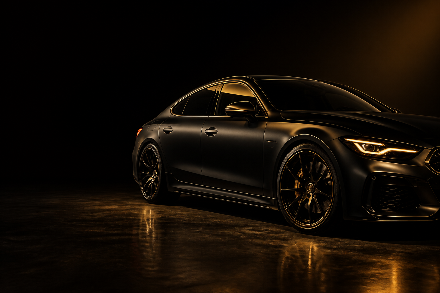 Dark premium vehicle under dramatic gold-rimmed studio lighting against near-black